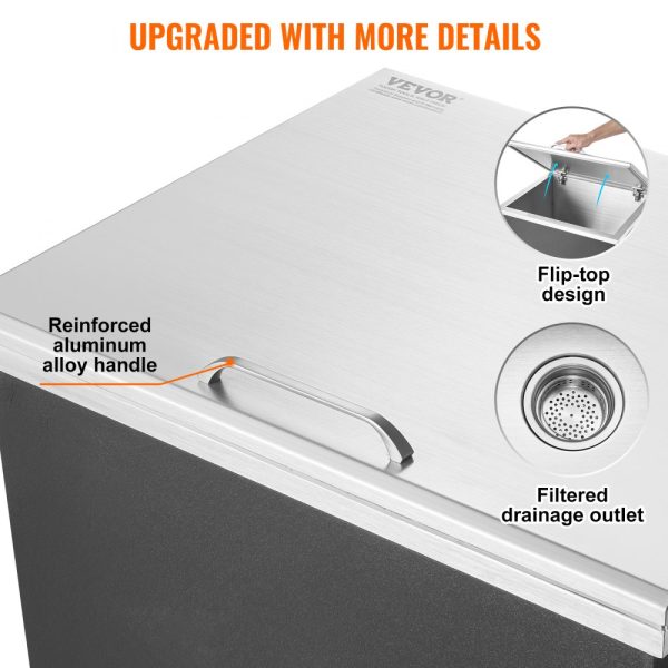 Drop-In Ice Chest Stainless Steel Commercial Ice Bin 28x16x17 Hinged Lid 40 Qt Drain Port with Plug Outdoor Kitchen - Image 5