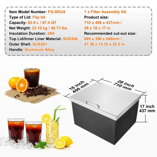 Drop-In Ice Chest Stainless Steel Commercial Ice Bin 28x16x17 Hinged Lid 40 Qt Drain Port with Plug Outdoor Kitchen - Image 7