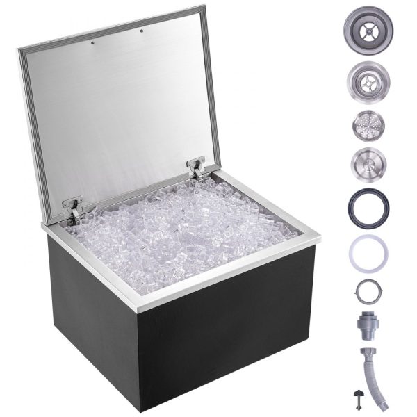Drop-In Ice Chest Stainless Steel Commercial Ice Bin 28x16x17 Hinged Lid 40 Qt Drain Port with Plug Outdoor Kitchen