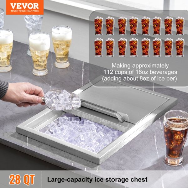 Drop In Ice Chest Commercial Ice Bin 18x12x14.5 Stainless Steel with Sliding Lid 40.9 qt Drain Hose & Plug Outdoor Kitchen Bar Use - Image 2
