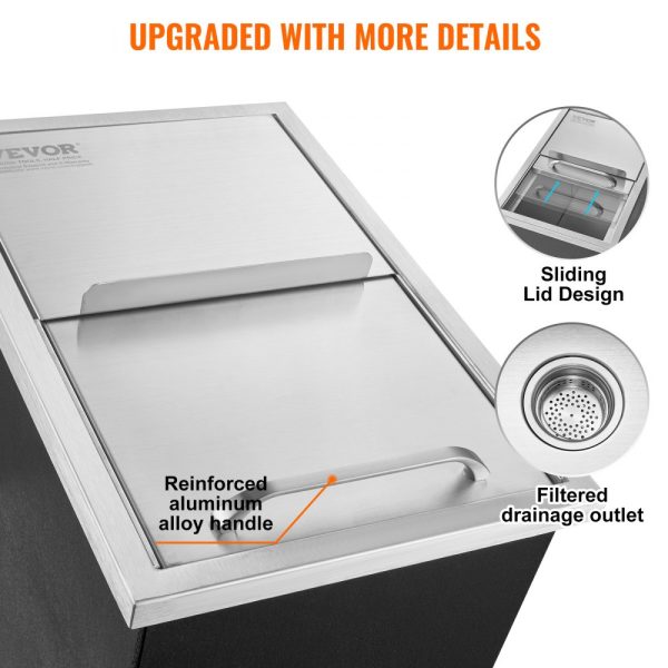 Drop In Ice Chest Commercial Ice Bin 18x12x14.5 Stainless Steel with Sliding Lid 40.9 qt Drain Hose & Plug Outdoor Kitchen Bar Use - Image 5