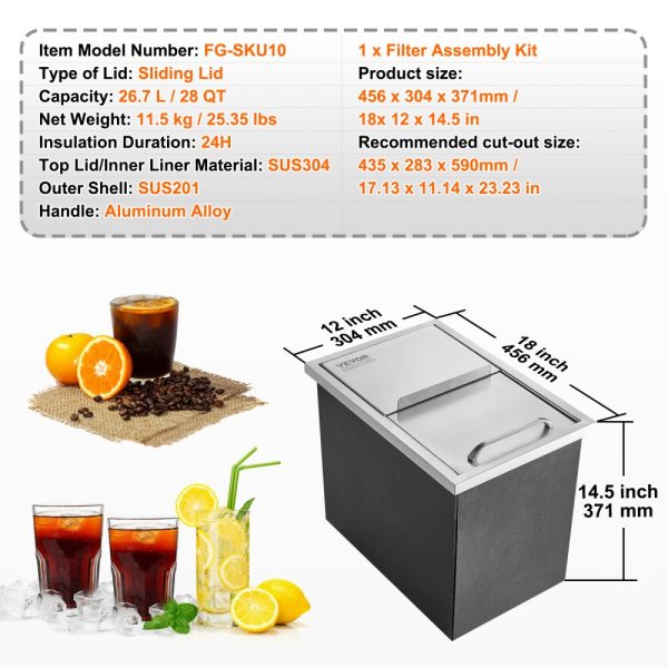 Drop In Ice Chest Commercial Ice Bin 18x12x14.5 Stainless Steel with Sliding Lid 40.9 qt Drain Hose & Plug Outdoor Kitchen Bar Use - Image 7