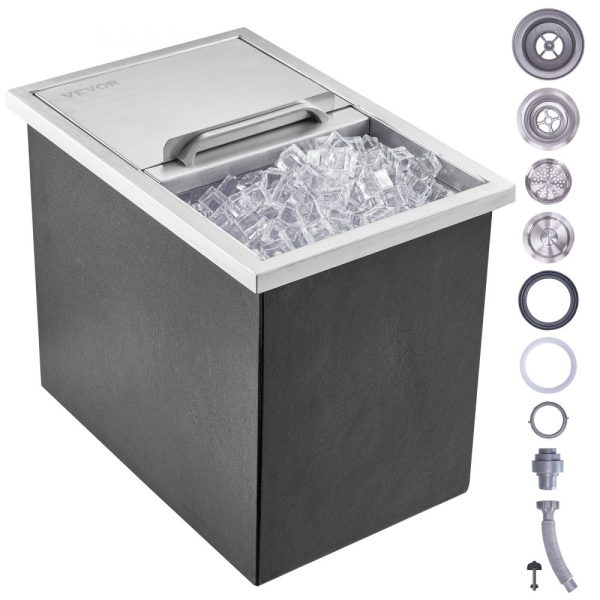 Drop In Ice Chest Commercial Ice Bin 18x12x14.5 Stainless Steel with Sliding Lid 40.9 qt Drain Hose & Plug Outdoor Kitchen Bar Use