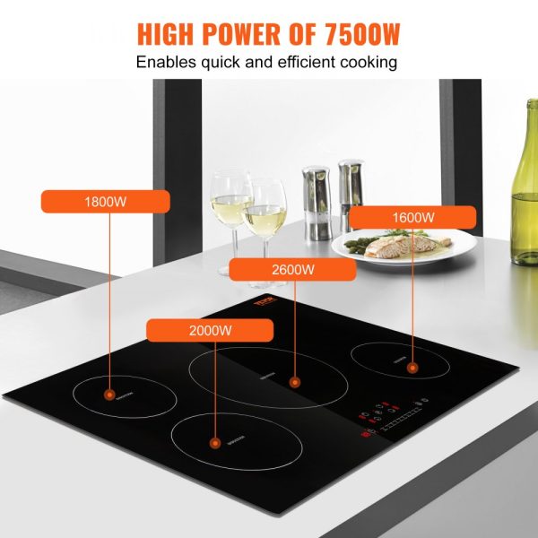 Electric 4-Burner 30-Inch Induction Cooktop with Magnetic Design, 7500W Power, 9 Heating Levels, LED Touch Screen, Child Lock, Over-Temperature Protection - Image 3