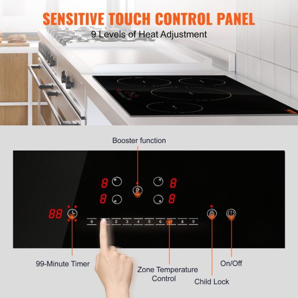 Electric 4-Burner 30-Inch Induction Cooktop with Magnetic Design, 7500W Power, 9 Heating Levels, LED Touch Screen, Child Lock, Over-Temperature Protection - Image 4