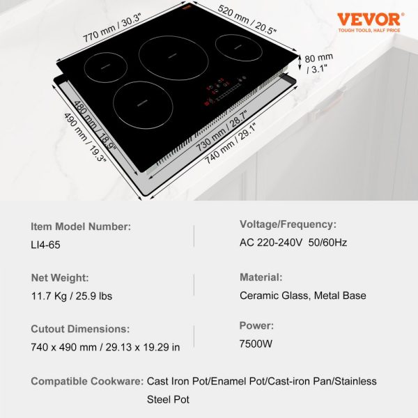 Electric 4-Burner 30-Inch Induction Cooktop with Magnetic Design, 7500W Power, 9 Heating Levels, LED Touch Screen, Child Lock, Over-Temperature Protection - Image 7