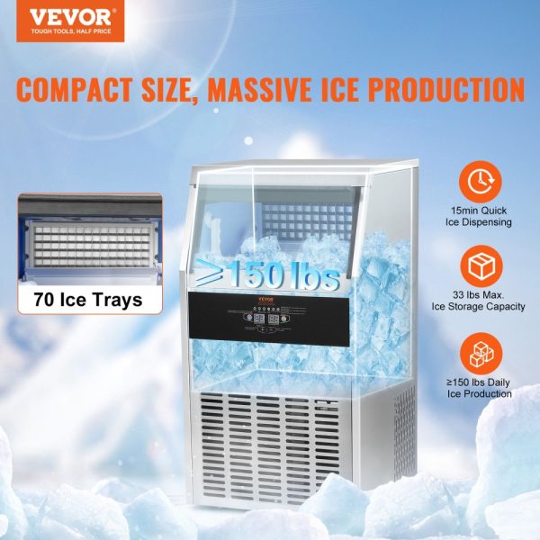 Commercial Ice Maker 150lbs 24HR 70 Ice Cubes 12-15 Mins 33lbs Storage LED Digital Display for Bars Homes Offices Restaurants - Image 2