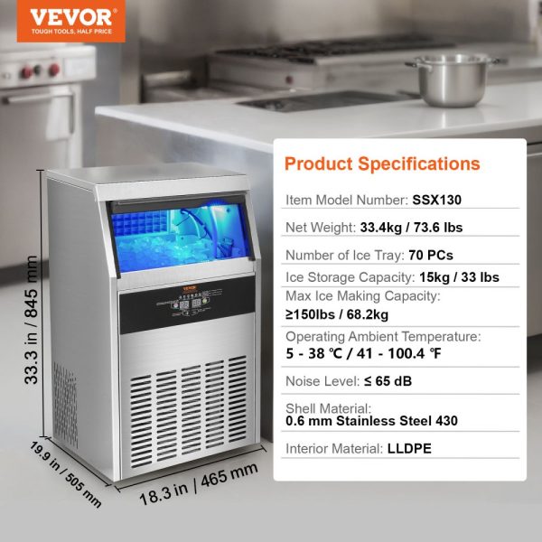 Commercial Ice Maker 150lbs 24HR 70 Ice Cubes 12-15 Mins 33lbs Storage LED Digital Display for Bars Homes Offices Restaurants - Image 7