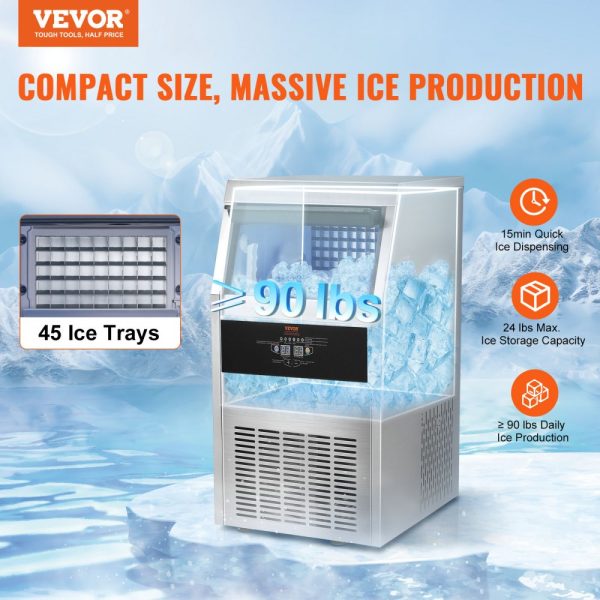 Commercial Ice Maker 90lbs 24H 45 Ice Cubes 12-15 Min Freestanding Storage Cabinet 24lbs LED Digital Display Bar Home Office Restaurant - Image 2