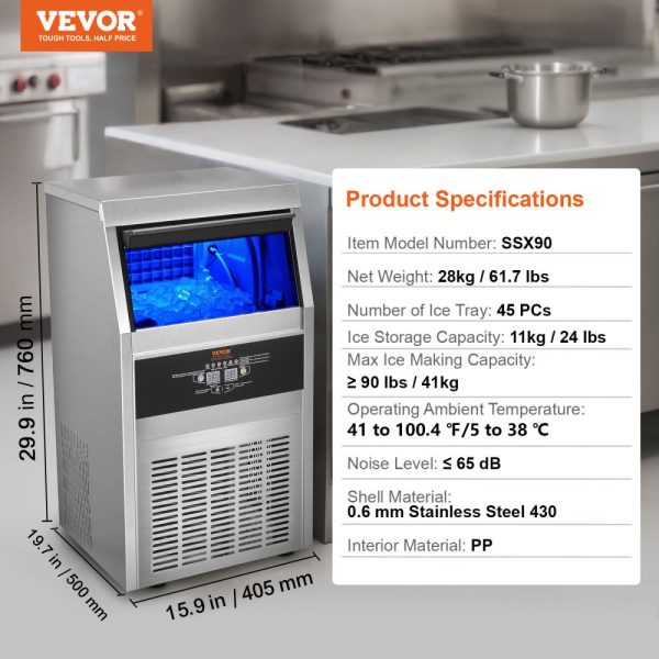 Commercial Ice Maker 90lbs 24H 45 Ice Cubes 12-15 Min Freestanding Storage Cabinet 24lbs LED Digital Display Bar Home Office Restaurant - Image 7