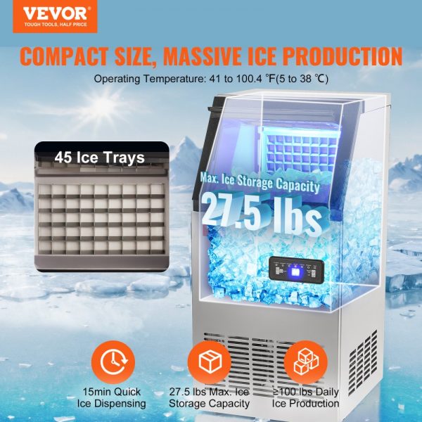 Commercial Ice Maker - 100 lbs/24H, 45 Ice Cubes in 12-15 mins, Freestanding Cabinet with 27.5 lbs Storage, LED Digital Display, for Home, Office, & Restaurant - Image 2