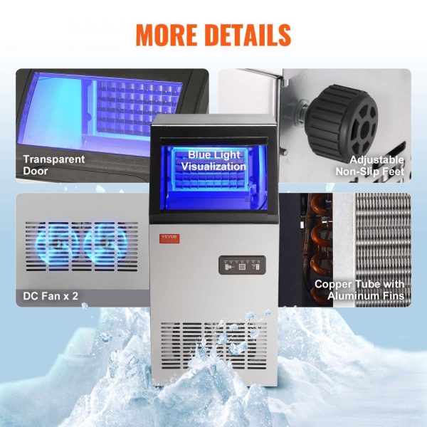 Commercial Ice Maker - 100 lbs/24H, 45 Ice Cubes in 12-15 mins, Freestanding Cabinet with 27.5 lbs Storage, LED Digital Display, for Home, Office, & Restaurant - Image 6