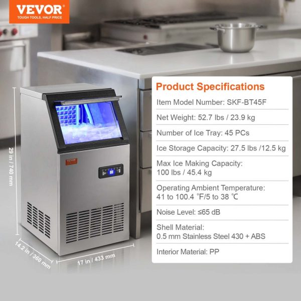 Commercial Ice Maker - 100 lbs/24H, 45 Ice Cubes in 12-15 mins, Freestanding Cabinet with 27.5 lbs Storage, LED Digital Display, for Home, Office, & Restaurant - Image 7