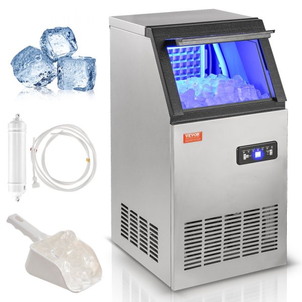 Commercial Ice Maker - 100 lbs/24H, 45 Ice Cubes in 12-15 mins, Freestanding Cabinet with 27.5 lbs Storage, LED Digital Display, for Home, Office, & Restaurant