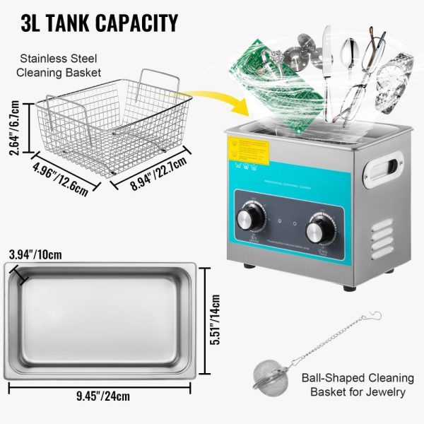 3L 40kHz Ultrasonic Cleaner with Rotary Control, Heater, & Timer - 304 Stainless Steel for Jewelry, Eyewear, Watches - Image 6