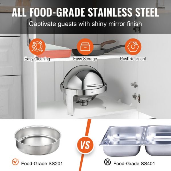 Stainless Steel Chafing Dish Buffet Set with 2 Full-Size Pans, 6 Qt 2-Pack, Round Catering Warmer with Lid, Water Pan, Stand & Fuel Holder for Up to 5 People Each - Image 3