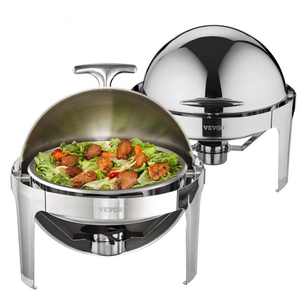 Stainless Steel Chafing Dish Buffet Set with 2 Full-Size Pans, 6 Qt 2-Pack, Round Catering Warmer with Lid, Water Pan, Stand & Fuel Holder for Up to 5 People Each