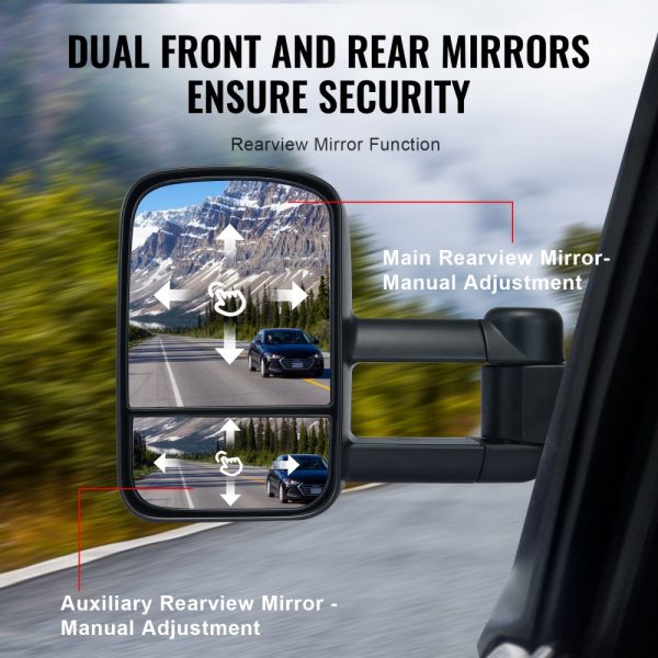 Chevrolet Silverado (1988-1998) GMC Towing Mirrors Set Left Right Pair Plane Convex Glass Manual Telescoping Folding 4-Way Adjustable Black - Image 4