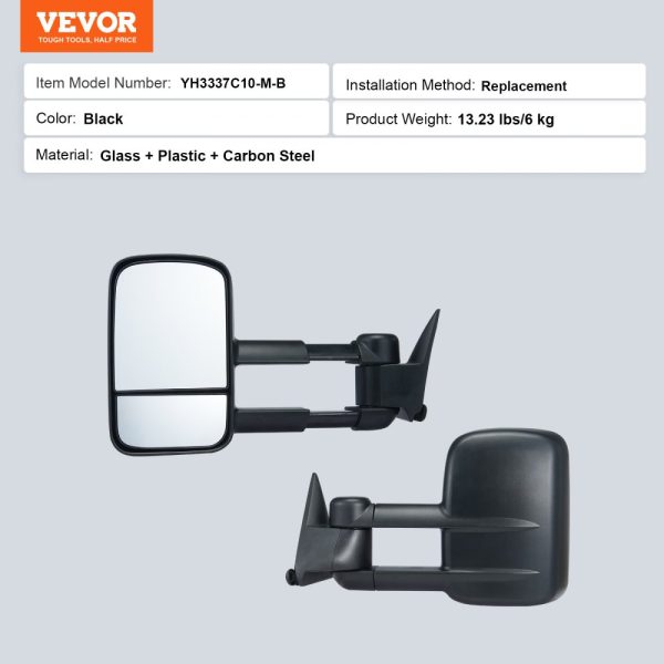 Chevrolet Silverado (1988-1998) GMC Towing Mirrors Set Left Right Pair Plane Convex Glass Manual Telescoping Folding 4-Way Adjustable Black - Image 7