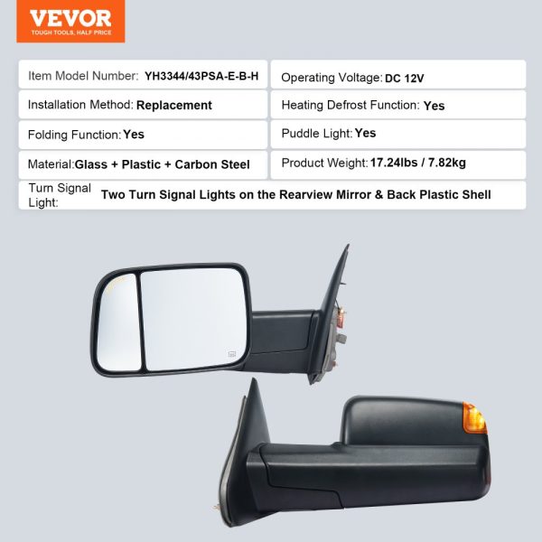 Dodge Ram 1500 2500 3500 Towing Mirrors Set 2002-2008 Year with Heat Signal Light Puddle Light Manual Flip Fold Black - Image 7
