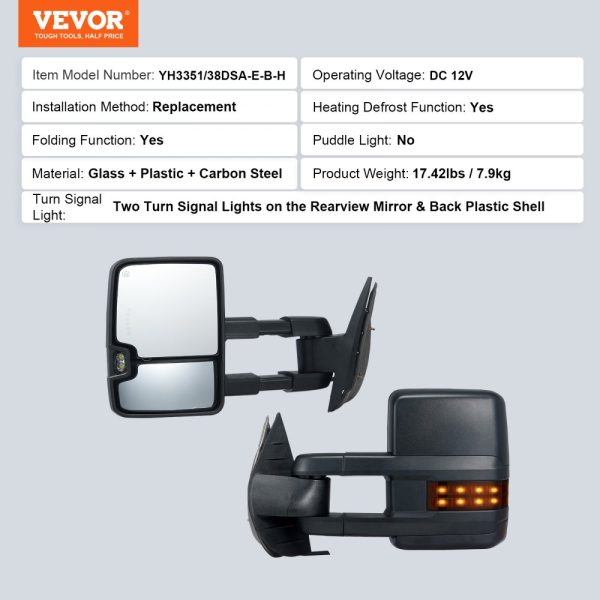 Chevy GMC 2007-2014 Silverado Sierra Mirror Set Manual Telescoping Heated Power Control Signal LED Lights Black - Image 7