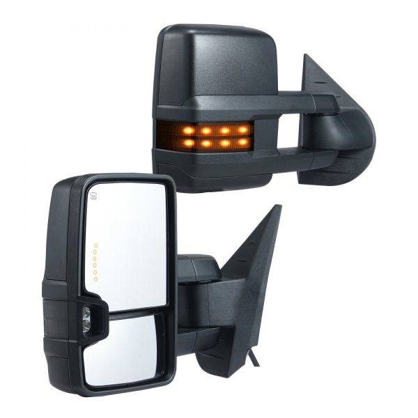 Chevy GMC 2007-2014 Silverado Sierra Mirror Set Manual Telescoping Heated Power Control Signal LED Lights Black