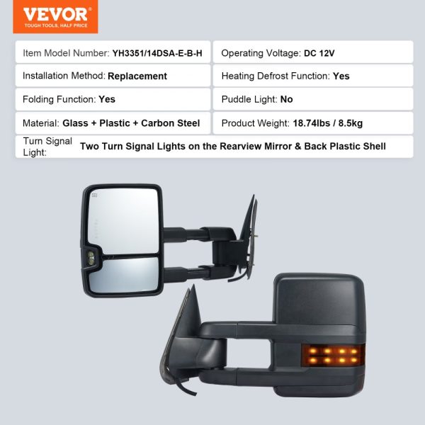 2014-2018 Chevrolet Silverado GMC Sierra 1500 2500 HD 3500 HD Towing Mirror Set with Power Glass Signal Light LED Driving Light Manual Control Telescoping Folding Heating Defrost Black - Image 7