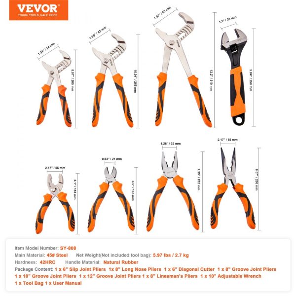 8 Piece Pliers Set High Carbon Steel Multi-Purpose Pliers 8 10 12in Groove Joint Linesman Slip Joint Long Nose Diagonal Cutter Adjustable Wrench Tool Bag - Image 7