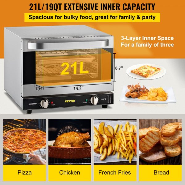 Commercial Convection Oven 21L 19Qt 1440W 3Tier Toaster Front Glass Door Electric Baking Oven Trays Wire Racks Clip Gloves 120V ETL Listed - Image 3