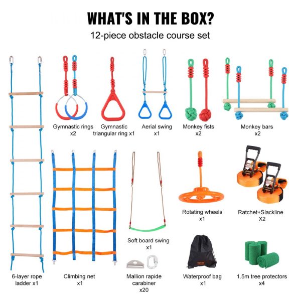 Ninja Training Course Kids Obstacle Set 2x50ft Weatherproof Slacklines 500lbs Monkey Line Outdoor Play Training Equipment Backyard Training Set 12 Obstacles - Image 6