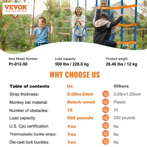 Ninja Training Course Kids Obstacle Set 2x50ft Weatherproof Slacklines 500lbs Monkey Line Outdoor Play Training Equipment Backyard Training Set 12 Obstacles - Image 7