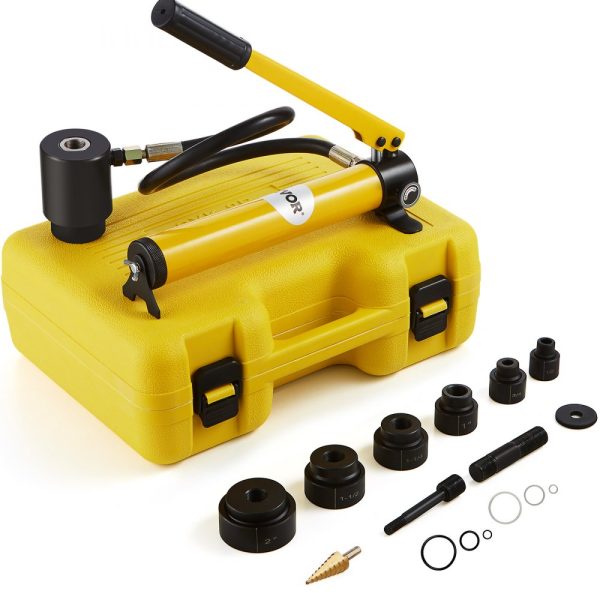Hydraulic Knockout Punch Kit 10 Ton 1/2 to 2 Conduit Cutter 6-Piece Metal Sheet Tool for Aluminum Stainless Steel Brass Fiberglass & Plastic