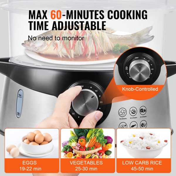 Electric Food Steamer 9.5Qt/9L 3-Tier Stackable Design 800W Food-Grade with 60-Min Timer Auto Shut-Off Boil Dry Protection - Image 4