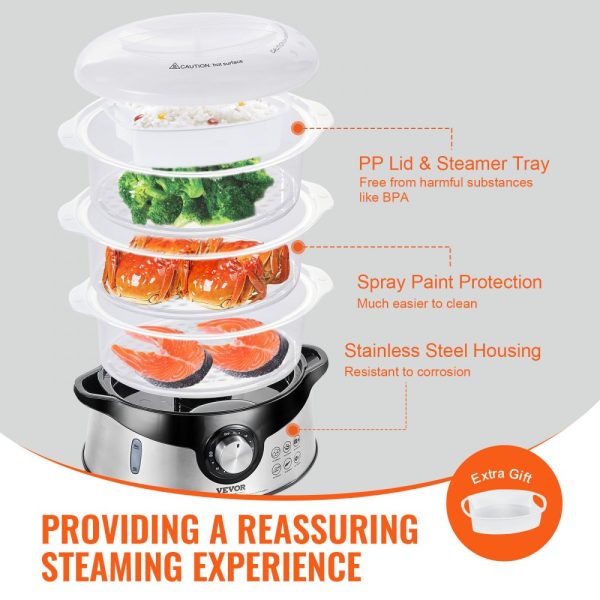 Electric Food Steamer 9.5Qt/9L 3-Tier Stackable Design 800W Food-Grade with 60-Min Timer Auto Shut-Off Boil Dry Protection - Image 5
