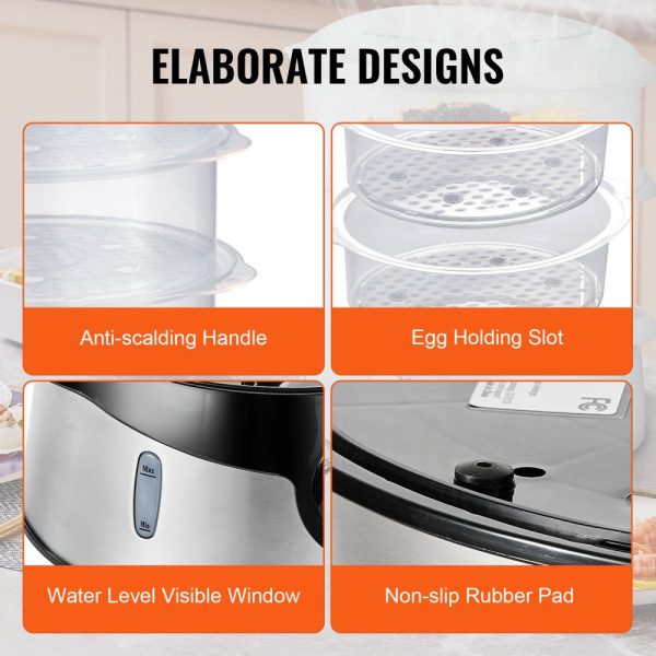 Electric Food Steamer 9.5Qt/9L 3-Tier Stackable Design 800W Food-Grade with 60-Min Timer Auto Shut-Off Boil Dry Protection - Image 6