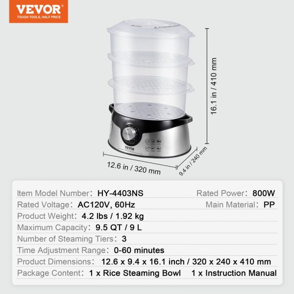 Electric Food Steamer 9.5Qt/9L 3-Tier Stackable Design 800W Food-Grade with 60-Min Timer Auto Shut-Off Boil Dry Protection - Image 7