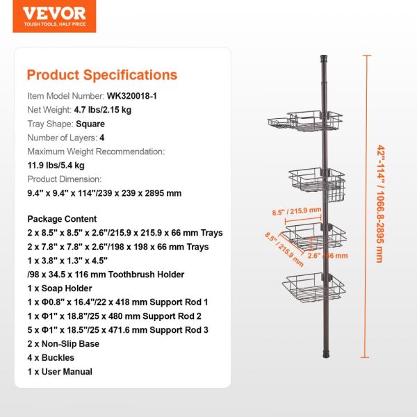 42" to 114" High Shower Corner Caddy Tension Pole Rust-Proof Tension Pole - Image 7