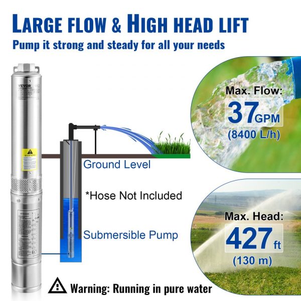 2HP 1500W Submersible Water Pump 230V 37GPM 427ft Head 33ft Cord Stainless Steel for Industrial Irrigation Home Use IP68 - Image 3