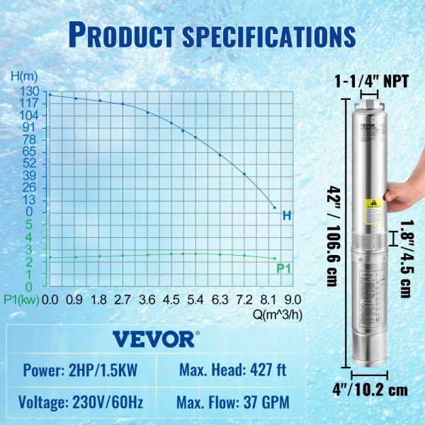 2HP 1500W Submersible Water Pump 230V 37GPM 427ft Head 33ft Cord Stainless Steel for Industrial Irrigation Home Use IP68 - Image 7