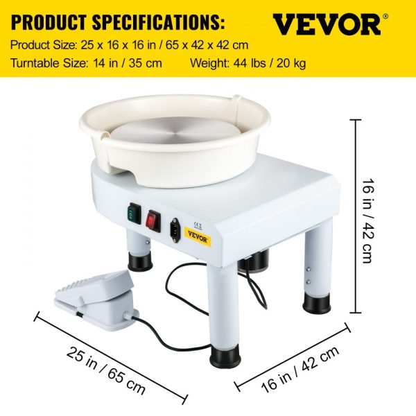 14-inch Electric Pottery Wheel with 0-300 RPM Speed, Detachable Foot Pedal, Adjustable Lift Table, and Sculpting Tools for DIY Art and Craft - Image 7
