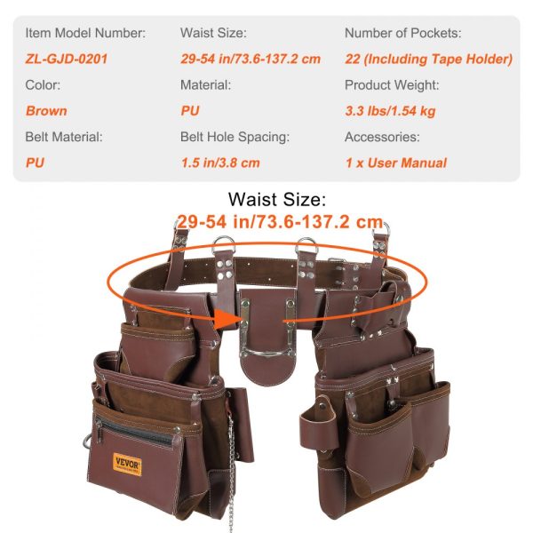 Adjustable 29-54 22-Pocket Premium PU Tool Belt for Electricians, Carpenters & Construction Workers - Image 7