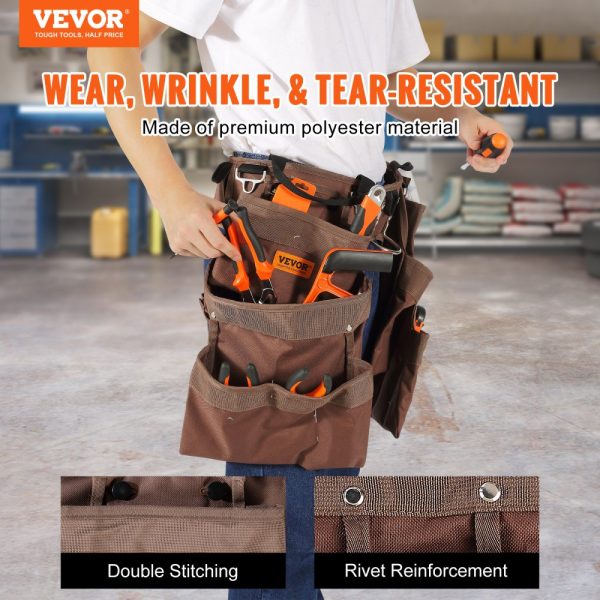 19 Pocket Adjustable Belt Polyester Heavy Duty Tool Pouch Bag Detachable for Electrician Carpenter Handyman Woodworker Construction Framer Brown - Image 2