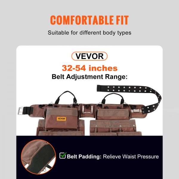 19 Pocket Adjustable Belt Polyester Heavy Duty Tool Pouch Bag Detachable for Electrician Carpenter Handyman Woodworker Construction Framer Brown - Image 3