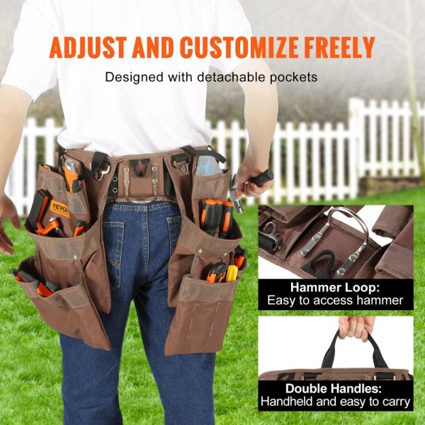 19 Pocket Adjustable Belt Polyester Heavy Duty Tool Pouch Bag Detachable for Electrician Carpenter Handyman Woodworker Construction Framer Brown - Image 4