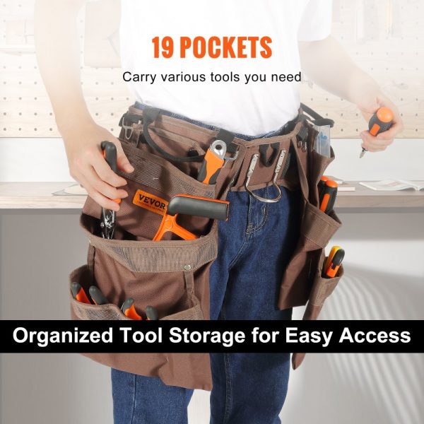 19 Pocket Adjustable Belt Polyester Heavy Duty Tool Pouch Bag Detachable for Electrician Carpenter Handyman Woodworker Construction Framer Brown - Image 5