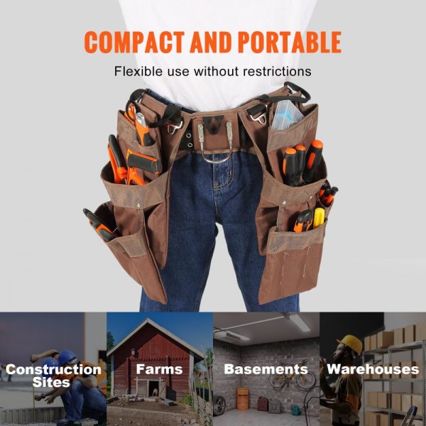 19 Pocket Adjustable Belt Polyester Heavy Duty Tool Pouch Bag Detachable for Electrician Carpenter Handyman Woodworker Construction Framer Brown - Image 6