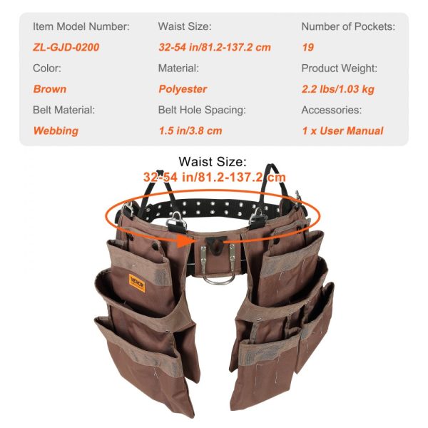 19 Pocket Adjustable Belt Polyester Heavy Duty Tool Pouch Bag Detachable for Electrician Carpenter Handyman Woodworker Construction Framer Brown - Image 7