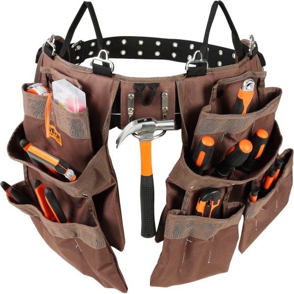 19 Pocket Adjustable Belt Polyester Heavy Duty Tool Pouch Bag Detachable for Electrician Carpenter Handyman Woodworker Construction Framer Brown