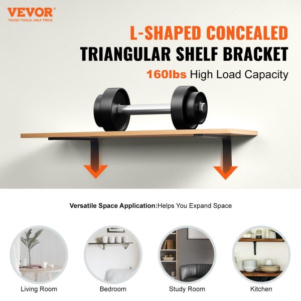 Heavy Duty Shelf Brackets, 10x6in, 4-Pack Steel Shelf Brackets, 5mm Thick Matte Black, 160 lbs Load Capacity - Image 2