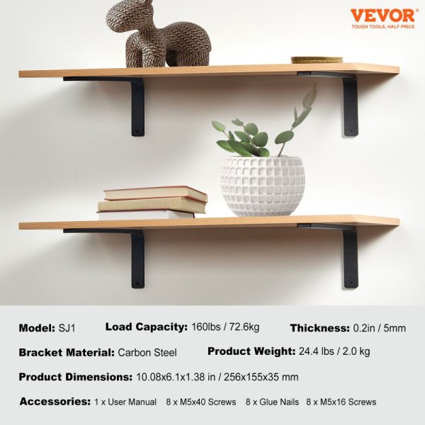 Heavy Duty Shelf Brackets, 10x6in, 4-Pack Steel Shelf Brackets, 5mm Thick Matte Black, 160 lbs Load Capacity - Image 7